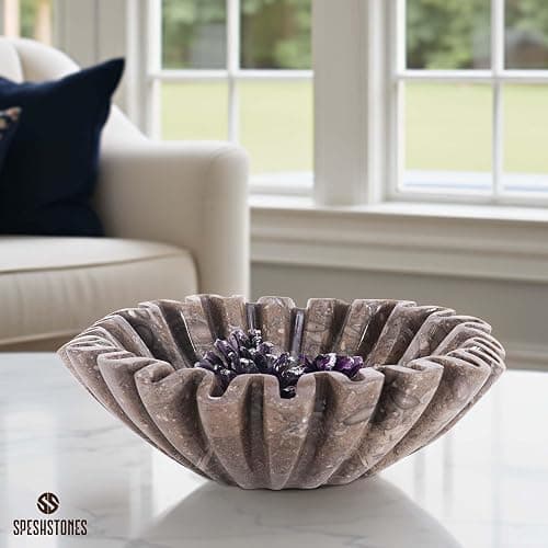 SPESHSTONES Marble Ruffle Bowl 8 Inch Oceanic Stone Large Decorative Fruit Bowl for Kitchen Counter & Dining Table Centerpiece - Modern Fluted and Scalloped Bowls for Christmas Gifts & Home Decor - Image 1