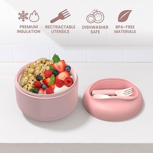 Bentgo Bowl - Insulated Leak-Resistant Bowl with Snack Compartment, Collapsible Utensils and Improved Easy-Grip Design for On-the-Go - Holds Soup, Rice, Cereal & More - BPA-Free, 21.2 oz (Blush) thumbnail 5