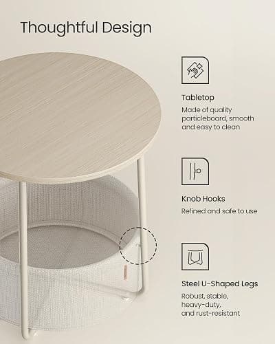 VASAGLE LILEA Collection - Small Round Side End Table, Modern Nightstand with Fabric Basket, Cream White ULET223K67 thumbnail 7
