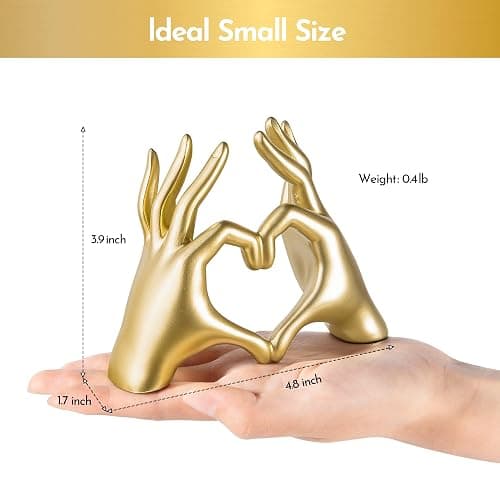 Gold Decor Living Room - Small Shelf Decor Aesthetic - Heart Hands Sculpture - Teen Girls Bedroom Knick Knacks - Cute Home Shelves Accent - Table Statue Love Decorations Gifts (Gold Fingers) thumbnail 3