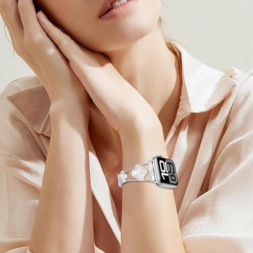 Sixmoat Bands Compatible with Apple Watch Band for Women 38mm 40mm 41mm 42mm 44mm 45mm 46mm 49mm, Bling Bracelet Designer Dressy Clover for iWatch Band Series SE Ultra 11 10 9 8 7 6 5 4 3 (Silver) thumbnail 6