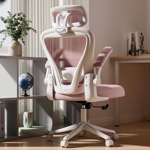 SeekFancy Ergonomic Office Chair M903, Computer Desk Chair with Wheels, High Back Mesh Office Chair with Adjustable Lumbar Support, Headrest, Flip-Up Armrests, Pink - Image 1