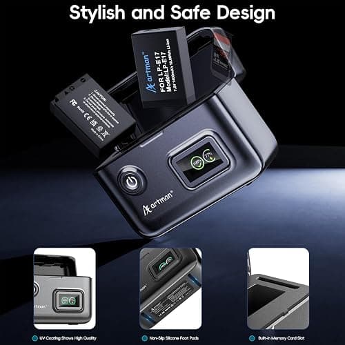 Artman LP-E17 Battery 1400mAh (2-Pack) and 1.5H 2-Slot LCD USB-C Fast Charger for Canon EOS R100 R50 RP R10 R8, Rebel T8i T7i T6i T6s SL2 SL3, M3 M5 M6, 77D 200D 250D 750D Camera,Smart Percent Display thumbnail 7