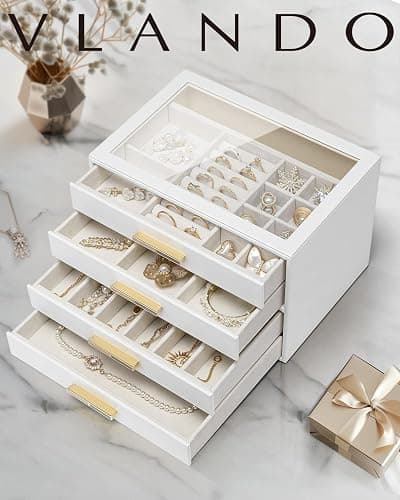 Vlando Jewelry Box for Women, Glass Lid Jewelry Organizer with 4 Drawers for Necklaces Rings Earrings Bracelets Christmas Gift - White thumbnail 8