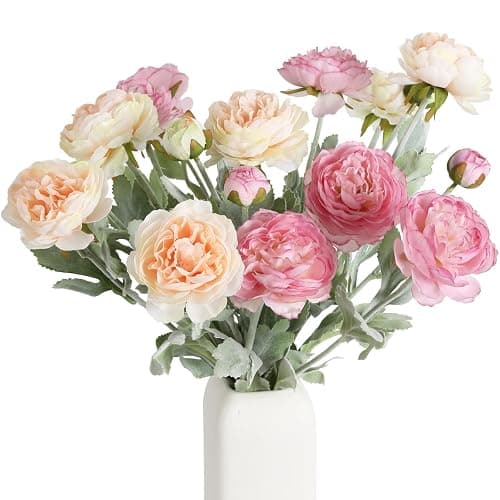 IPOPU Artificial Peonies 6pcs Ranunculus Silk Flowers 18Heads Pink Flowers Combo Champagne Fake Flowers 20.47" Faux Floral Arrangements Wedding Decorations for Home Kitchen (Champagne&Pink) - Image 1