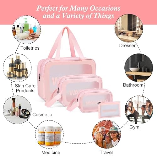 YuanCheng Upgrade Travel Toiletry Bags for Women, Pack-4 Different Size Make Up Bags with Handle, Large Capacity Translucent Waterproof Travel Cosmetic Bags (Comestic Bag-Pink) thumbnail 4