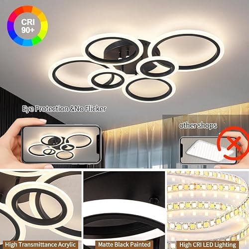 Shine LUEST 6 Rings Black Modern LED Ceiling Light Fixture, Flush Mount Ceiling Light with Remote Dimmable Brightness, Adjustable 3000-6000K Color Temperature, Timer for Living Room, Bedroom - Black, 6 Rings thumbnail 6