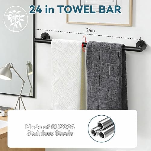 5-Piece Matte Black Bathroom Accessories Set, 24-Inch Wall-Mounted Towel Bar, Toilet Paper Holder with Shelf, SUS 304 Stainless Steel Bath Hardware, Towel Rack for Bathroom, Kitchen, Laundry Room thumbnail 4