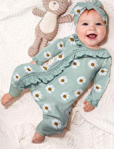 Von kilizo Baby Girl Clothes Infant Newborn Onesie Clothes for Baby Girls Long Sleeve Zip Closure Outfit with Headband thumbnail 2