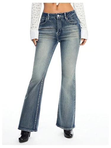 WDIRARA Women's Low Rise Flare Jeans Embroidery Rhinestone Bell Bottom Denim Pants thumbnail 2