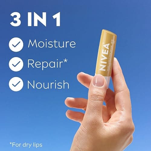 NIVEA Vanilla Buttercream Lip Care, Moisturizing Lip Balm with Shea Butter, Nourishing Oils and Vitamin C & E, 3-in-1 Moisture, Repair and Nourish, 0.17 Oz Stick, Pack of 4 thumbnail 2