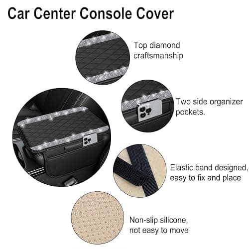NBTEPEM Bling Car Center Console Cover, Leather Car Arm Rest Cover Cushion with 2 Storage Bags, Middle Console Cover Universal Armrest Protector Pads, Bling Accessories for Most Vehicles (Silver) thumbnail 3