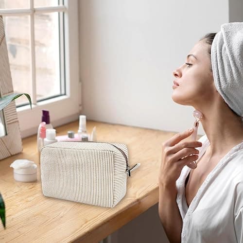 GFU Cosmetic Bags for Women, Seersucker Cosmetic Bag, Travel Toiletry Stripe Makeup Bag, Large Women Aesthetic Organizer Storage Pouch, Girls Handbags Purses, brown thumbnail 5