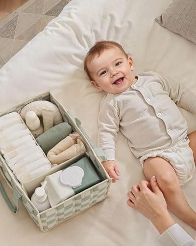 Blissful Diary Checkered Diaper Caddy Organizer, Stylish Nursery Storage Basket, Gift for Baby Shower, Newborn Essentials, Registry Search Must Haves, Sage Green thumbnail 6
