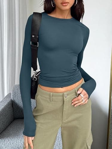 Trendy Queen Womens Long Sleeve T Shirts Fall Fashion 2025 Basic Crop Tops Going Out Outfits Y2k Clothes thumbnail 2