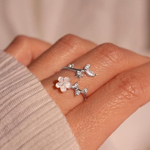 Gold Rings for Women Birthstone Adjustable Flower Non Tarnish Jewelry | 14K gold, rose gold & silver plated, mother of pearl flower with cubic zirconia, fits sizes 7-11, birthday gift thumbnail 3