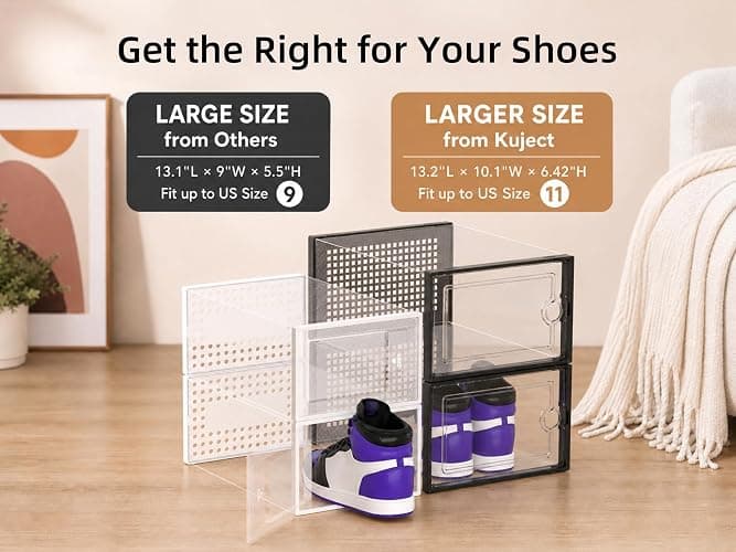 Kuject X-Large Shoe Storage Boxes 12 Pack, Clear Stackable Shoe Organizer | Shoe Case for Closet, Entryway & Under-Bed Storage, Drop-Front Design, Space-Saving Solution for Family Organization,Black thumbnail 3