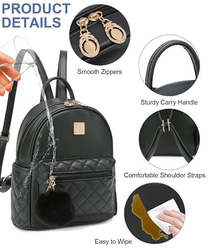 Barsine Girls Fashion Mini Backpack Purse Small Cute Plaid Leather Women Backpacks Little Bag (Black) thumbnail 6