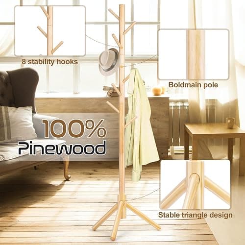 Freyawin Solid Wooden Coat Rack Freestanding, New Zealand Pine Coat Tree with 8 Hooks & 3 Adjustable Sizes for Coats, Hats, Handbags and Scarves, Space Saving for Entryway/Office/Bedroom (Nature) thumbnail 6