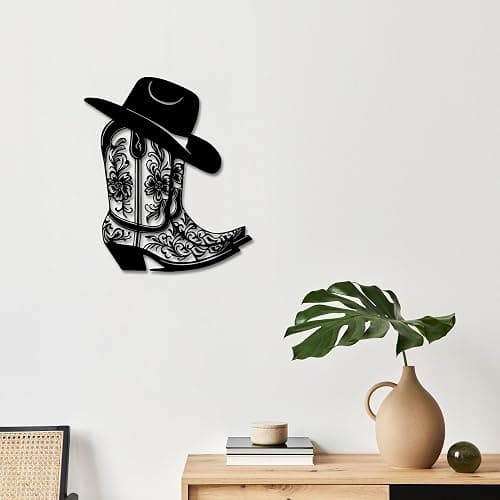 Rajukit Cowgirl Boot Hat Metal Wall Decor for Home | Farmhouse western cowboy boot with hat wall art. Vintage rustic decor for bedroom, bathroom. Size: 11.8 x 10.2 inches. Black. thumbnail 7