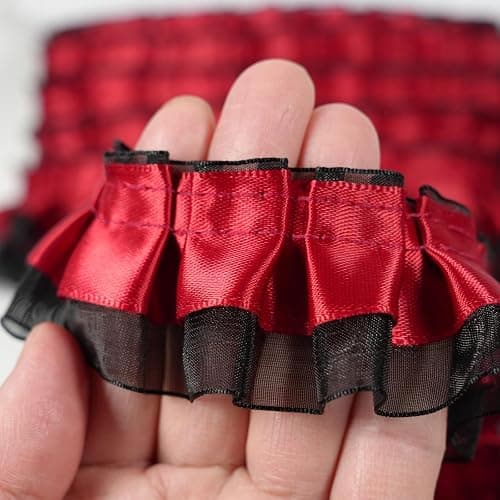 10 Yards Satin Ruffle Trim Fabric Trims, 2-Layer Satin Organza Pleated Edging Trimmings, Pleated Lace Ribbon for Sewing Making Crafts Dress Curtain Wedding Costume Pillowcase Decor (Red) thumbnail 3