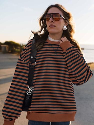 PRETTYGARDEN Womens Striped Oversized Sweatshirt Color Block Crew Neck Long Sleeve Casual Loose Pullover Top Y2K Clothes thumbnail 6