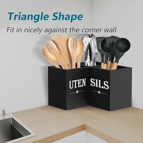Suli Extra Large Kitchen Utensils Holder with 3 Compartments,Corner Utensil Caddy for Countertop,Wooden Utensil Organizer for Kitchen Countertop, Farmhouse Decor- Black thumbnail 4