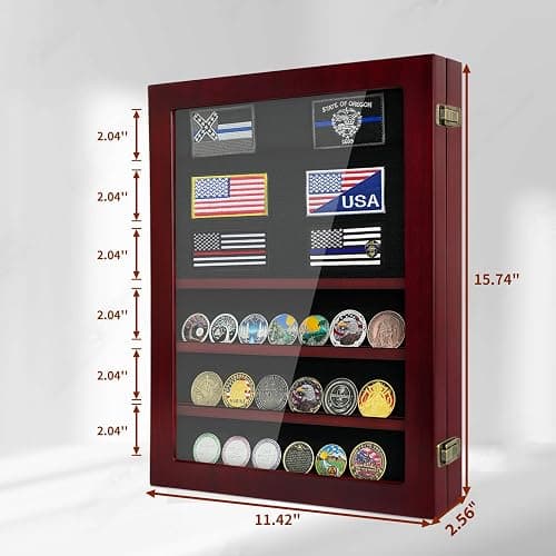 ASmileIndeep Military Challenge Coin Display Case 6 Rows Wooden Army Coin Holder with HD Tempered Glass Lockable Coin Wall Dsplay Box with Removable Shelves, Red thumbnail 3