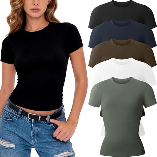 CE' CERDR 3/5 Pack Womens T Shirts Crew Neck Short Sleeve Shirts for Women Casual Basic Tees Fitted Stretchy Layering Tops - Image 1