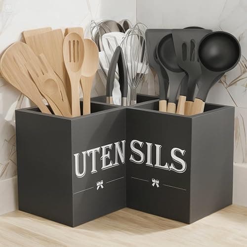 Suli Extra Large Kitchen Utensils Holder with 3 Compartments,Corner Utensil Caddy for Countertop,Wooden Utensil Organizer for Kitchen Countertop, Farmhouse Decor- Black thumbnail 2