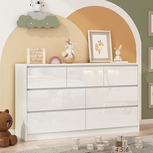 White Malm Dresser for Bedroom, 55 Inch Long Dresser High Gloss Dresser with 7 Drawers, Modern Large Wood Chest of Drawer Handle Free, Dresser for Kids Bedroom, Living Room, Entryway, Hallway, White - White - Image 1