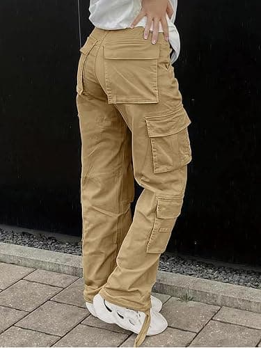 SDNGED Cargo Pants for Women High Waisted Casual Pants Baggy Y2k Straight Wide Leg Pants with Pockets Streetwear - Medium - Khaki thumbnail 4