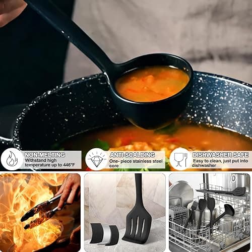 Umite Chef 22-Piece Silicone Cooking Utensils Set，Heat Resistant & Dishwasher Safe Kitchen Tools, Black Non-Scratch Spatula Set for Nonstick Cookware (Black) thumbnail 4