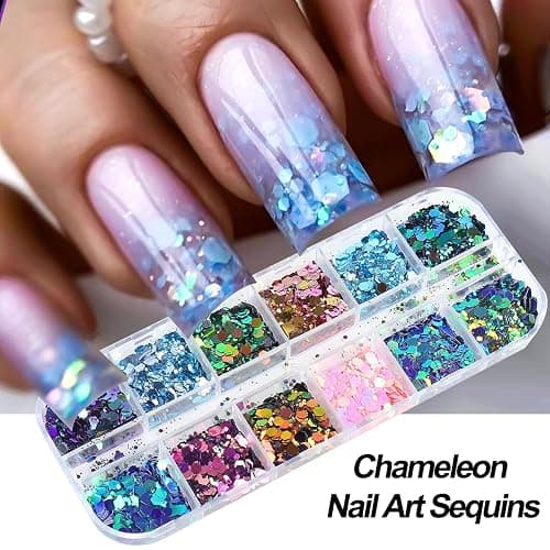 2 Boxes 24 Colors Holographic Nail Glitter Sequins 3D Iridescent Flakes Chunky Glitter Paillettes Design Mermaid Nail Flake Shiny Glitters Powder Chameleon Slices Decor for Manicure DIY Accessories thumbnail 5