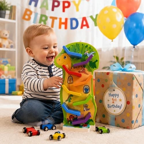 Dinosaur Car Ramp Toy for Toddlers 18 Months+, 8-Level Race Track, 4 Cars | Wooden Montessori Car Toys for 1 Year Old Boys Girls, 1st 2nd Birthday Gifts thumbnail 2