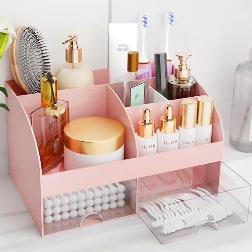Makeup Organizer with Drawers, Cosmetic Storage for Dresser Vanity and Bathroom Countertop, Beauty Holder for Lipstick Brush, Skincare Organizer for Vanity, Cosmetic Display Case (Pink) - Image 1