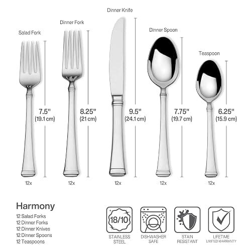 Mikasa Harmony Silverware Set for 12, 65-Piece 18/10 Stainless Steel Flatware Set with Flared Handles, Dishwasher Safe Cutlery Set, Elegant Dining Utensils thumbnail 3