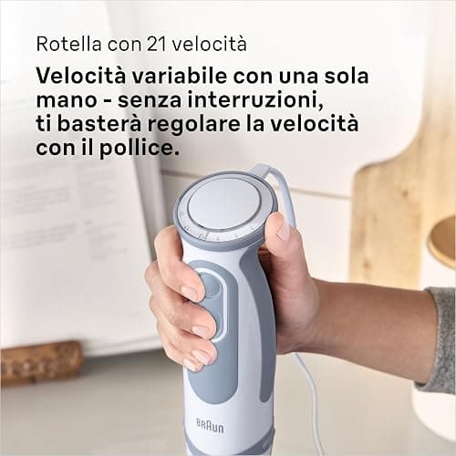 Braun Minipimer MultiQuick 5 Vario MQ5200 Frullatore ad Immersione, 21 Velocità, Preciso e Potente, Impugnatura Ergonomica, Dotato Bicchiere da 600 ml, Potenza 1000W, 1 accessorio, Bianco/Grigio thumbnail 6