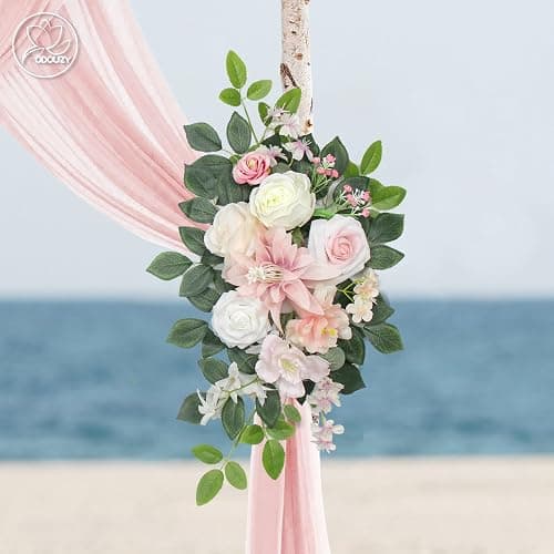 Odouzy Wedding Arch Flowers Kit,Artificial Flower Arch Decor (Set of 3),2pcs Artificial Flower Arrangement with 1pc Sheer Drape for Wedding Decor Reception Backdrop Floral Decorations (Light Pink) - Image 1