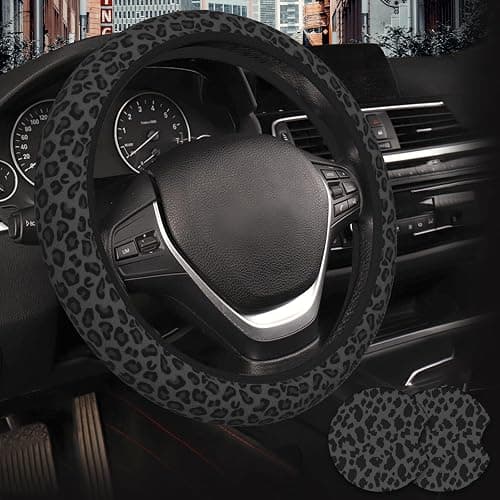 KARREAL Leopard Print Steering Wheel Cover & Coasters, Black, 14.5-15 Inch, Car, SUVs, Trucks - Image 1