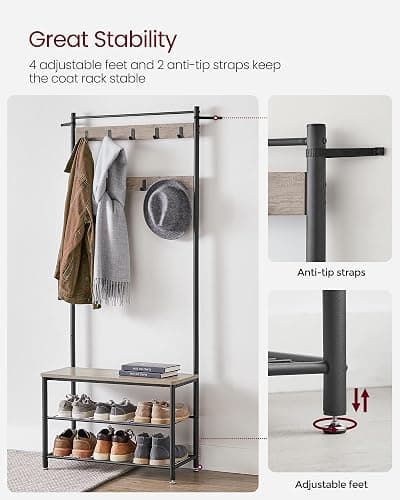 VASAGLE Coat Rack, Hall Tree with Shoe Storage Bench, Entryway Bench with Shoe Storage, 3-in-1, Steel Frame, for Entryway, 12.6 x 27.6 x 68.9 Inches, Industrial, Greige and Black UHSR41MB thumbnail 6