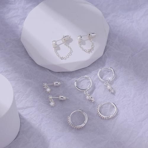 SELFROSE Gold Earrings for Women Trendy,Dainty Dangle Earrings 14K Gold Plated Huggie Hoop Earrings Hypoallergenic Cartilage Earring Set Cute Drop Dangle Earrings Simple Cross Heart Earrings Jewelry - pearl-sl thumbnail 6