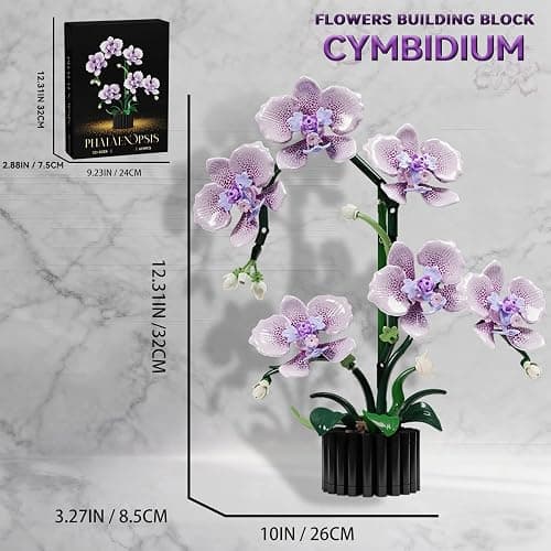 Phalaenopsis Orchid Flower Building Block Set,Compatible with Lego Flower Featuring Printed Floral Patterns on The Blocks' Petals, Ideal for Tabletop displays and as a Gift (Purple，619PCS) thumbnail 2