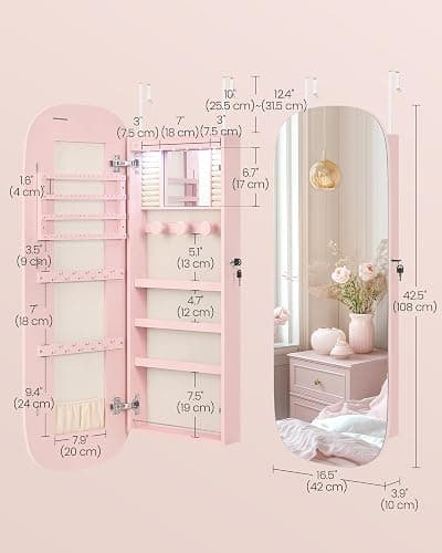 SONGMICS Jewelry Organizer, LED Jewelry Cabinet Wall/Door Mounted, Lockable Rounded Wide Mirror with Storage, Christmas Gift 3.9 x 16.5 x 42.5 Inches, Jelly Pink Surface with Cream White Lining thumbnail 2