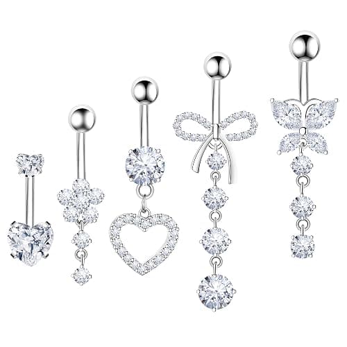 BSJ4U Belly Button Ring Dangle Navel Belly Piercing Jewelry Cute Pink CZ Heart Butterfly Bow Flower Navel Belly Rings for Women 14G Silver Stainless Steel Dainty Dangly Dangling Belly Button Piercing - Image 1