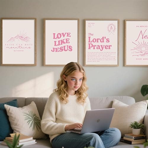 EVER-GOING TUNE Coquette Pink Bible Verse Wall Art Decor Posters Set of 4,Inspirational Scripture Prints,Jesus Wall Art,Minimalist Christian Room Decor for Bedroom/Dorm/Church 10x8 Inch (UNFRAMED) thumbnail 2