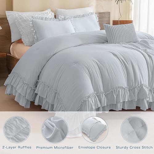 Masaca Ruffle Comforter Full Size,3 Pieces Farmhouse Shabby Boho Chic Full Bedding Set,Vintage Ruffled Rustic Light Blue Bedding Comforter Set for All Season thumbnail 2