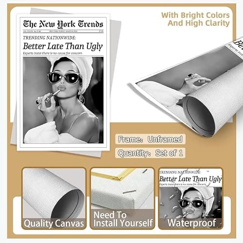 FBKDVC Retro Trendy Black And White Women Newspaper Canvas Wall Art Poster Better Late Than Ugly Vintage Funky Girl Aesthetic Preppy Print For Bar Cart Girl Dorm Bathroom Decor 8x12in Unframed thumbnail 7