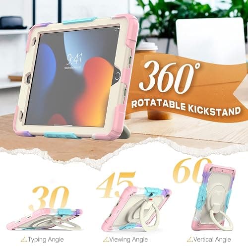 SEYMAC stock Shockproof Tablet Case for iPad 9th/8th/7th Generation 10.2 inch, Full-Body Drop Protection Case with Pencil Holder & [360 Ring Handle Stand] Screen Protector (Colorful Pink) thumbnail 2