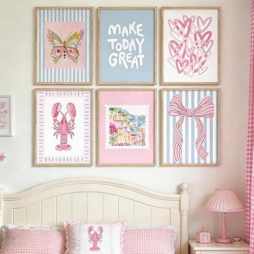 6Pcs Unframed Pink Blue Beach Wall Art Trendy Coastal Granddaughter Wall Decor Picture Summer Preppy Lobster Bow Canvas Posters Prints for Girls Apartment Dorm Home Decorations thumbnail 8